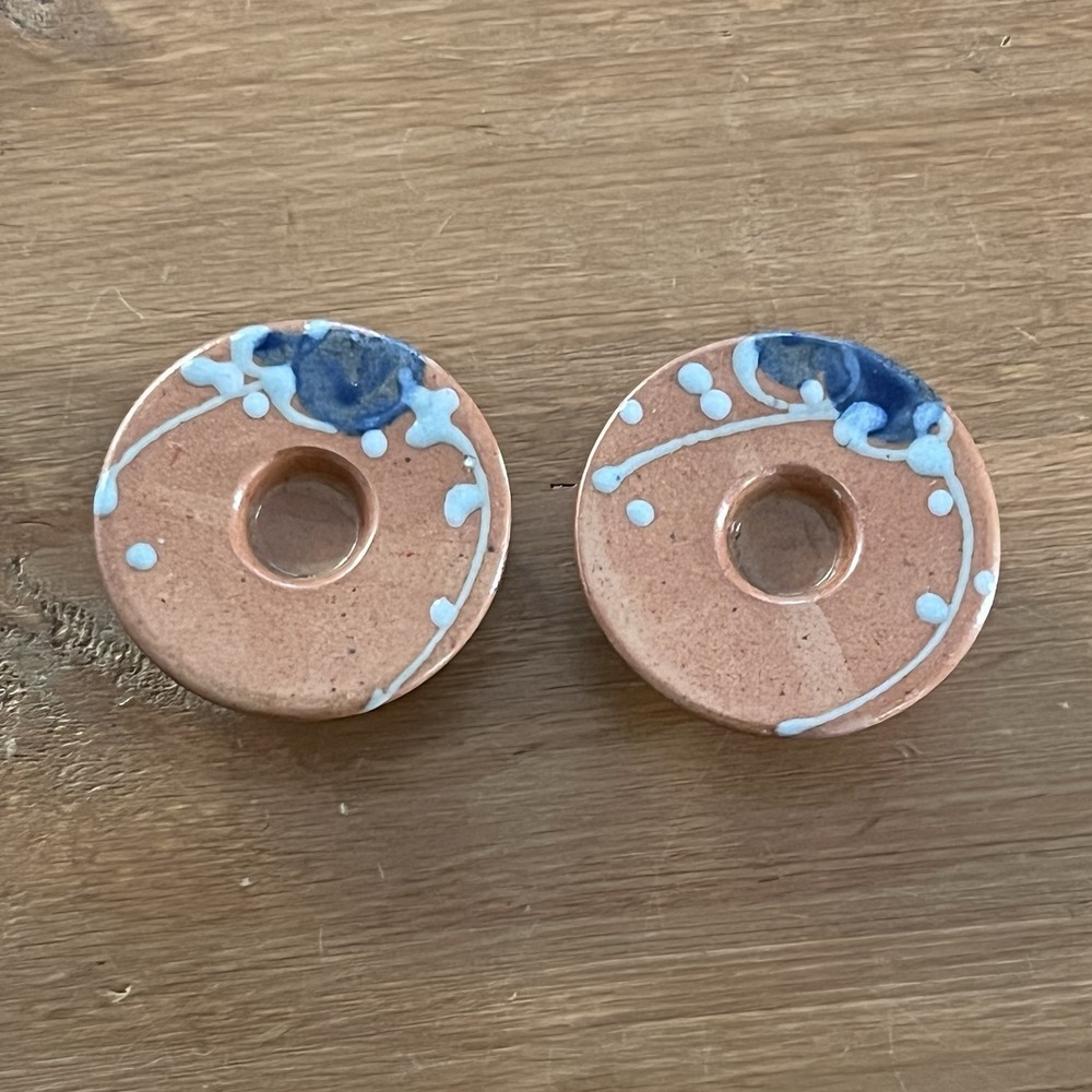 Vintage German Pottery Candle Holders Pair Orange Blue Floral Handmade Decor Set